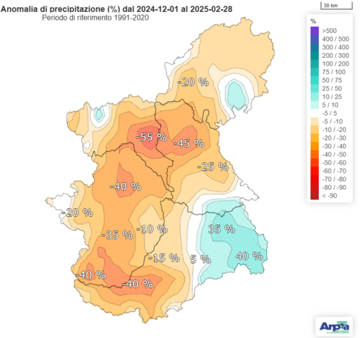 Nella mappa anomalia di precipitazione cumulata tra il 1° dicembre 2024 e il 28 febbraio 2025 rispetto alla norma del medesimo periodo nel trentennio 1991-2020