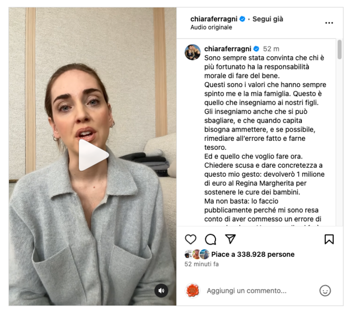 Ferragni sul caso del pandoro Balocco: &quot;Chiedo scusa, donerò un milione di euro al Regina Margherita&quot;