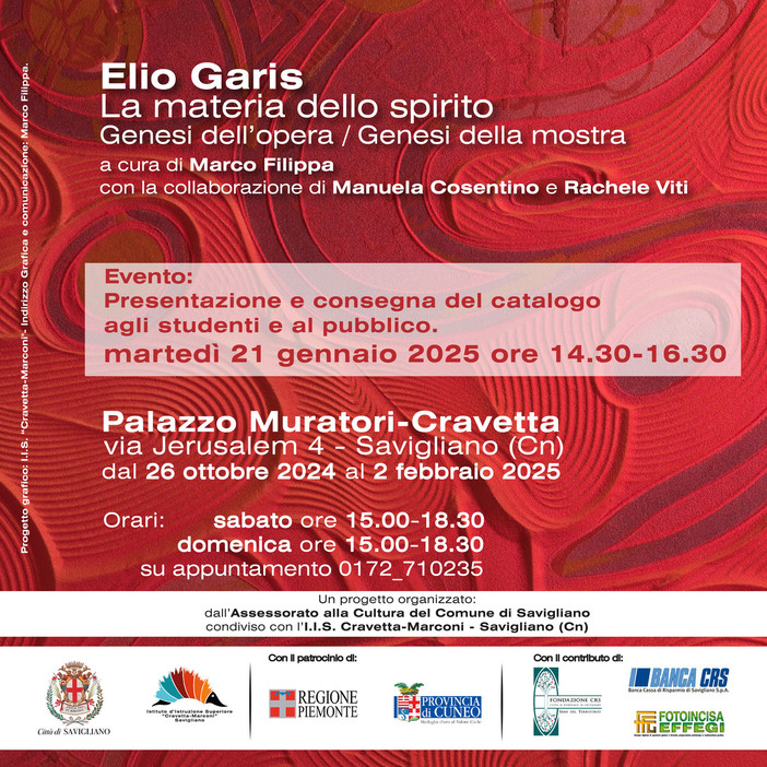 Savigliano, martedì 21 gennaio la presentazione e consegna catalogo &quot;Elio Garis.La materia dello spirito. Genesi dell'opera/Genesi della mostra&quot;