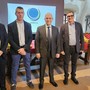 Da sinistra Davide Veglia, direttore Ortofruit Italia, Fabrizio Risso, presidente Lagnasco Group, Massimiliano Novelli, presidente Orbita SB e Domenico Paschetta, presidente Ortofruit Italia