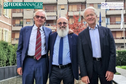 Da sinistra  Luca Barbaso, Partner OPsolution, Fulvio D’Alessandro, Presidente Federmanager Cuneo  e Domenico Piano, Amministratore OPsolution.