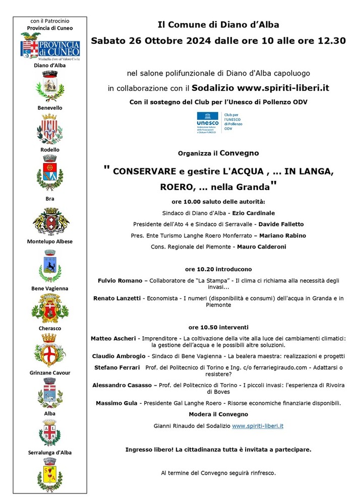 “CONSERVARE e gestire l’ ACQUA , ... IN LANGA,ROERO, ... nella Granda” , tutto pronto per il Convegno a Diano d’Alba